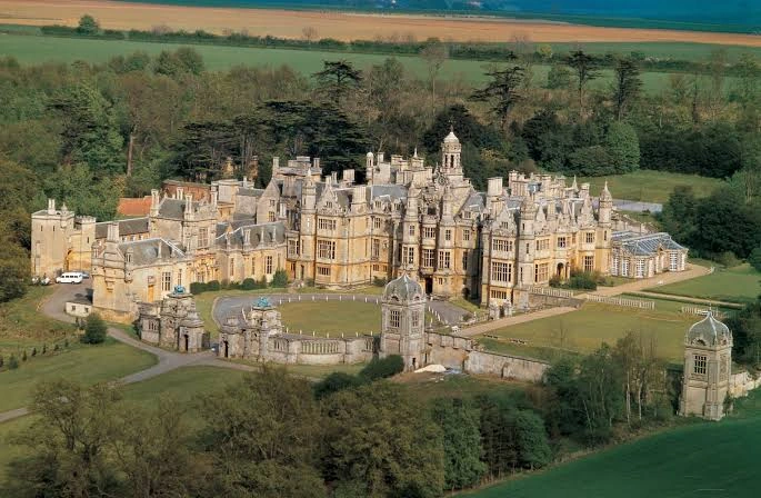 Aerial view of Harlaxton Manor and its grounds